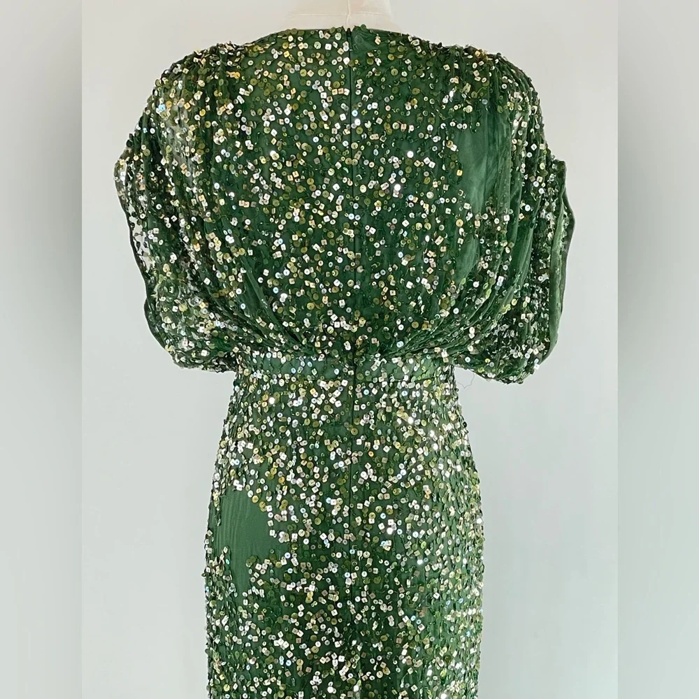 Ieena for Mac Duggal Draped Sleeve Emerald Sequin Gown, 4 - Picture 6 of 10
